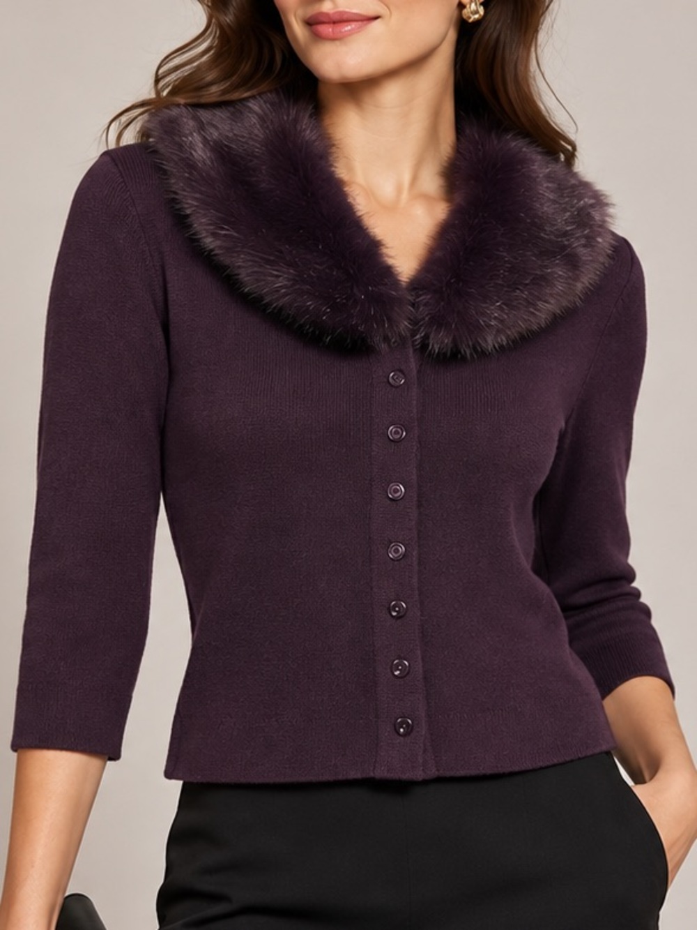 Brooks Brothers Plum Fur Collar Cardigan Fitted Holiday Evening Sweater Small - Picture 11 of 11